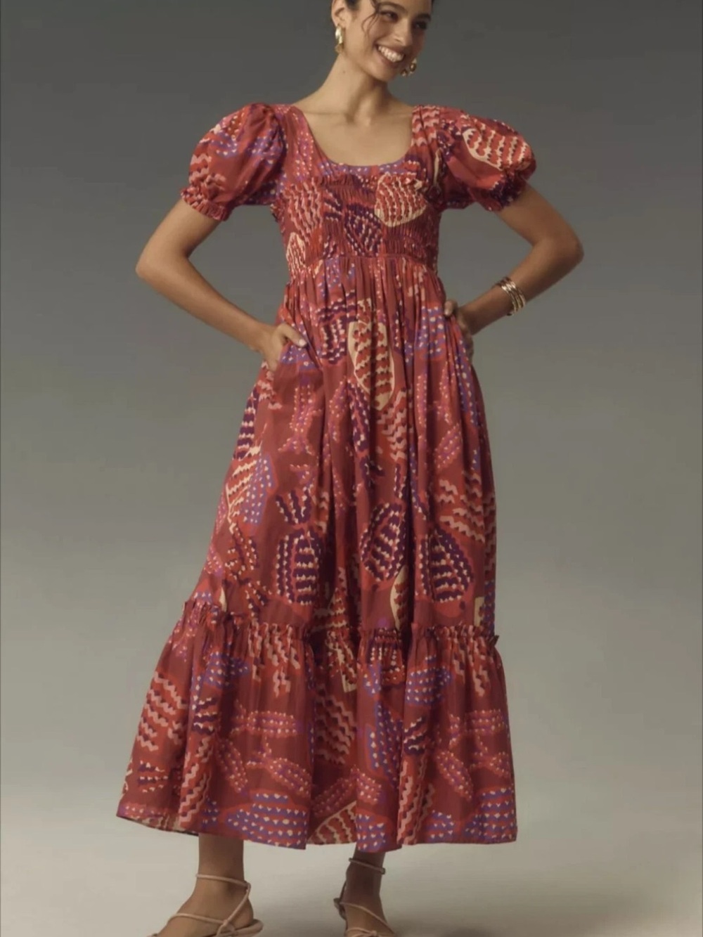 Farm Rio x Anthropologie Puff-Sleeve Smocked Maxi Dress Size Small